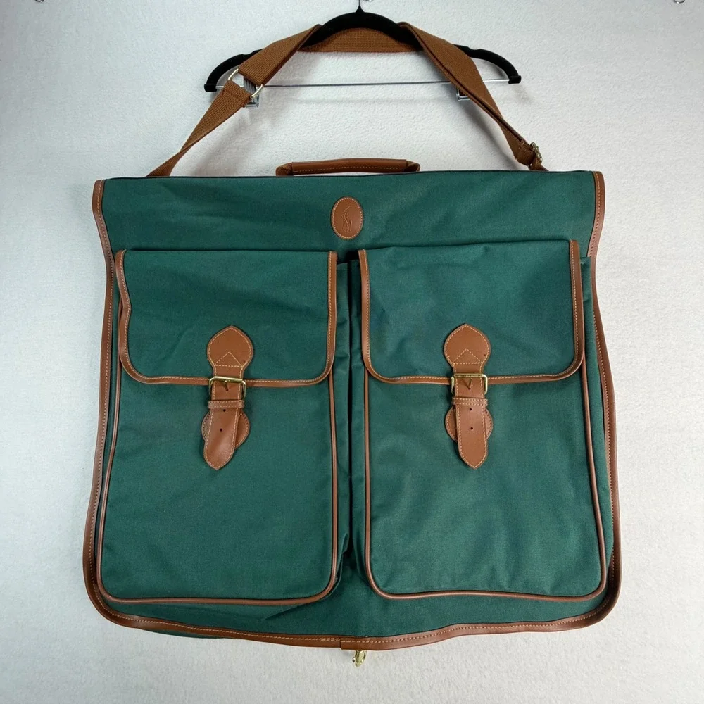 Polo Ralph Lauren Green Canvas Leather Trim Garment Bag Suit Carrier Travel Bag